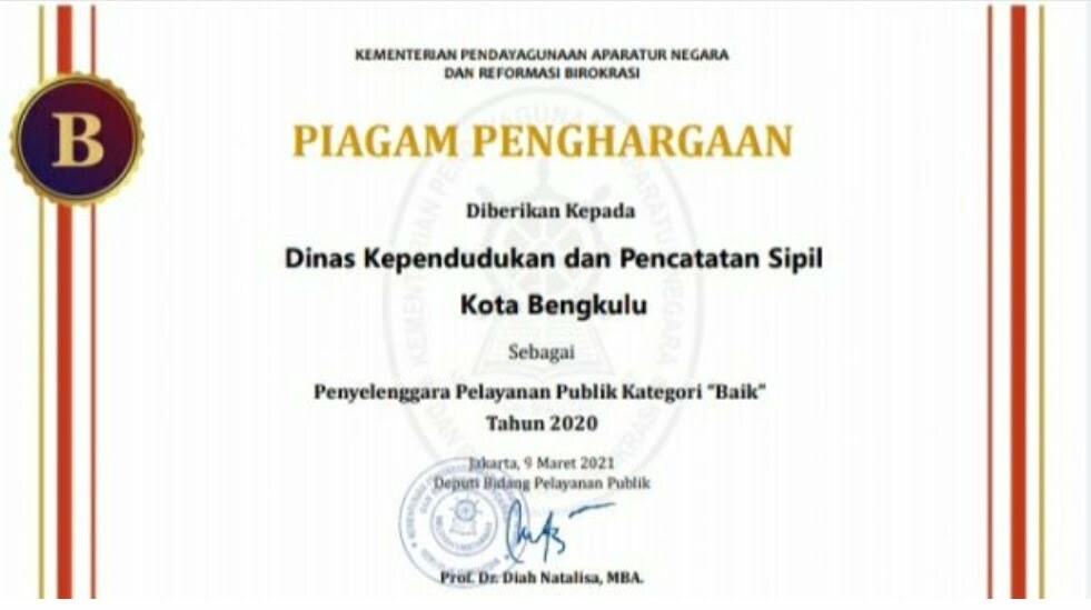 Disdukcapil Raih Predikat B Hasil Nilai Indeks Kemenpan RB