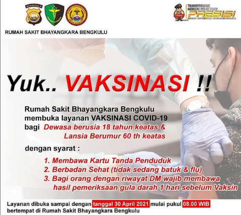 Rumah Sakit Bhayangkara Bengkulu Buka Layanan Vaksinasi Covid-19