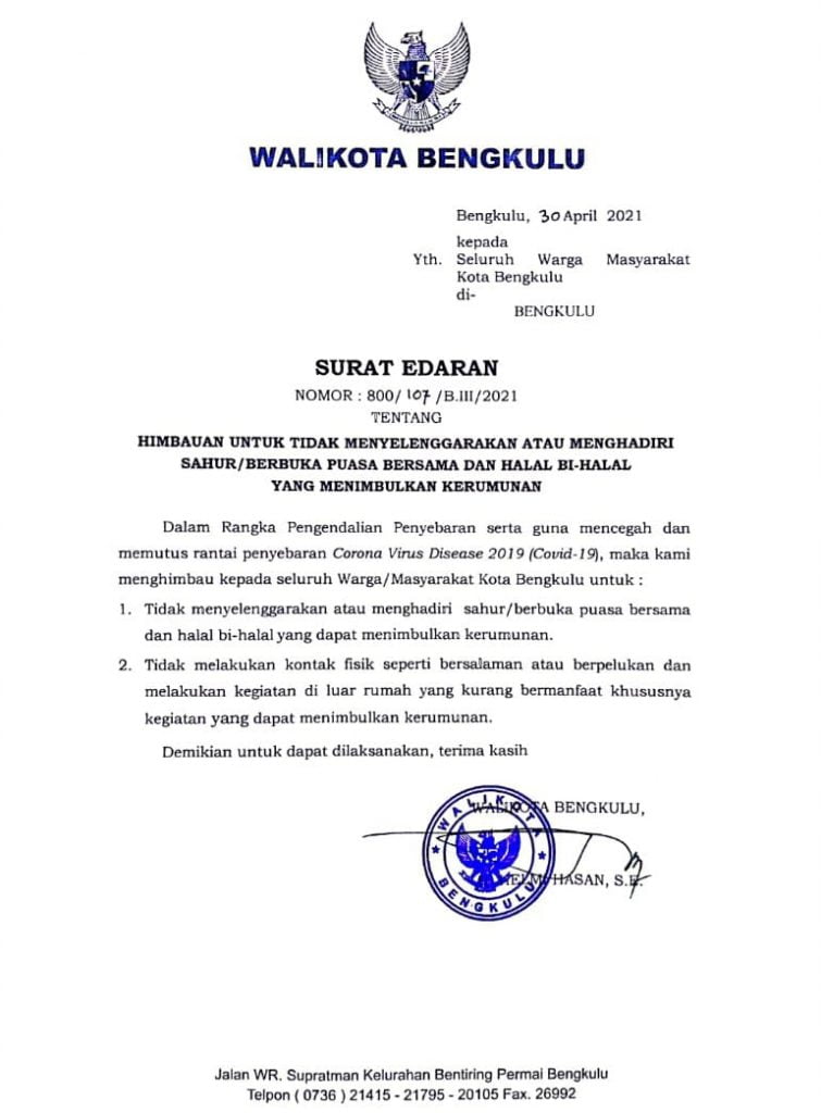Walikota Bengkulu  Larang Warga Bukber