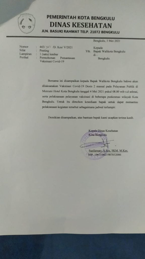 Dinkes Kota Bengkulu Ajak Masyarakat Berpartisipasi Untuk Vaksinasi di Puskesmas