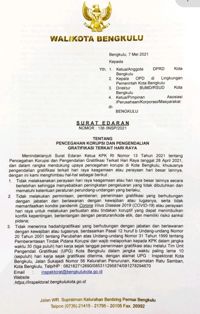 Walikota Bengkulu Warning ASN dan Pejabat melalui SE terkait Gratifikasi