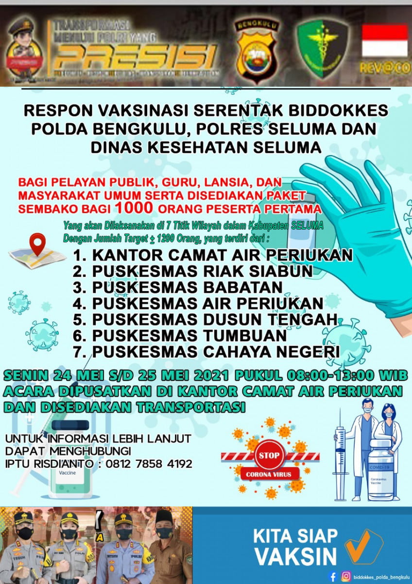 Bid Dokkes Polda Bengkulu Gelar Vaksinasi Covid Gratis Di Seluma