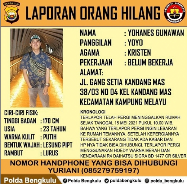 Polda Bengkulu Terima Laporan Pemuda Kandang Mas Hilang Sejak Seminggu Terakhir