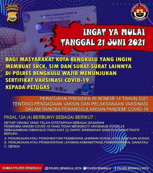 Urus SIM dan SKCK, Polres Bengkulu Wajibkan Sertifikat Vaksinasi Covid-19
