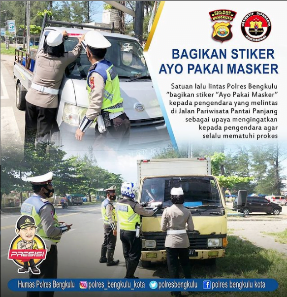 Kesadaran Prokes, Polres Bengkulu Bagikan Stiker Imbauan Ayo Pakai Masker