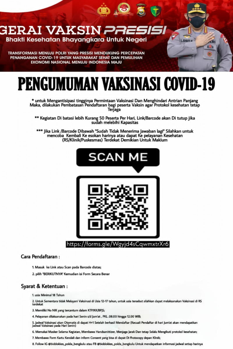 Masih Belum Vaksin? Begini Cara Daftar Online di Biddokes Polda Bengkulu