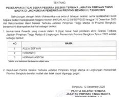 Pemprov Bengkulu Umumkan Tiga Besar Seleksi Terbuka Jabatan Pimpinan Tinggi Madya 2025