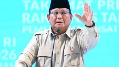 Presiden Prabowo Subianto menyampaikan pidato soal sikap mandiri Indonesia dan standar ganda global dalam Rakornas di Bogor.