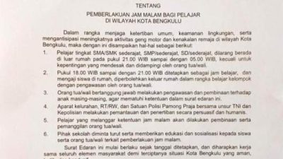 Wali Kota Bengkulu Terapkan Jam Malam Pelajar, Berlaku Pukul 21.00–05.00 WIB