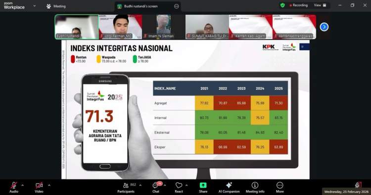 Suasana sosialisasi hasil SPI KPK 2025 kepada jajaran Kementerian ATR/BPN secara daring di Jakarta.
