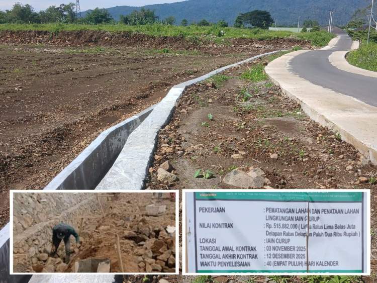 Kondisi proyek pematangan lahan IAIN Curup yang diduga tidak sesuai spesifikasi teknis dan menjadi sorotan publik