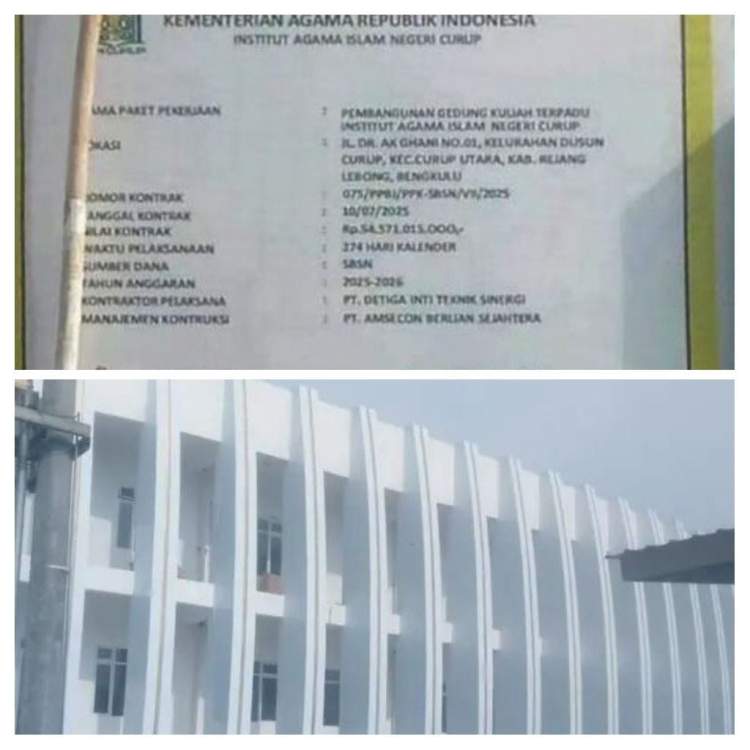 Kondisi proyek pembangunan Gedung Kuliah Terpadu IAIN Curup yang disorot karena dugaan penyimpangan pekerjaan