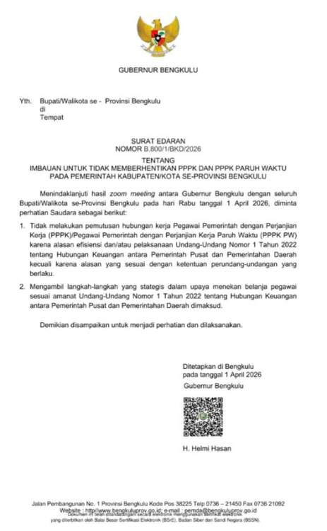 Gubernur Bengkulu Helmi Hasan saat memberikan arahan terkait kebijakan larangan PHK PPPK