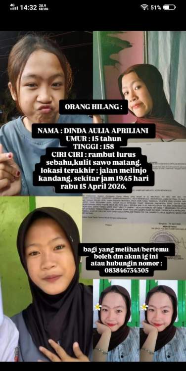 Foto remaja hilang di Bengkulu Dinda Aulia Apriliani