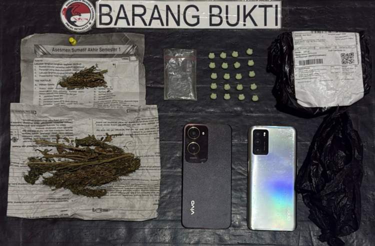 Polisi memperlihatkan barang bukti ekstasi dan ganja hasil penangkapan dua terduga pelaku di Rejang Lebong
